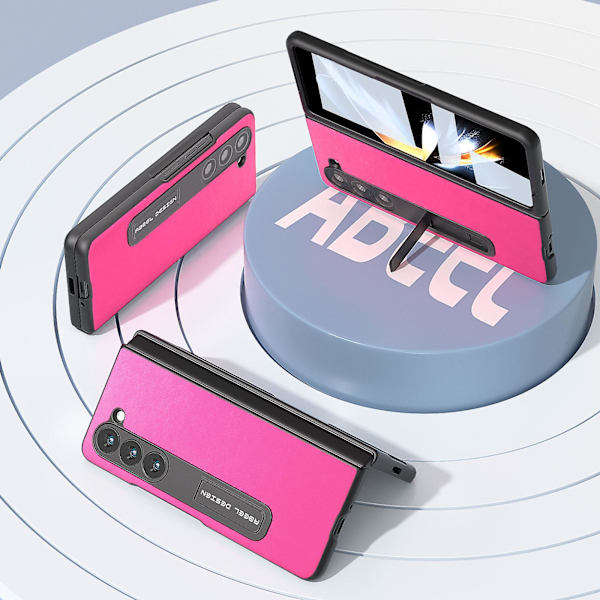 Til Samsung Galaxy Z Fold5 5g Tekstureret Pu Læderbelagt Pc Etui Støtteben Foldbart Telefoncover Rose
