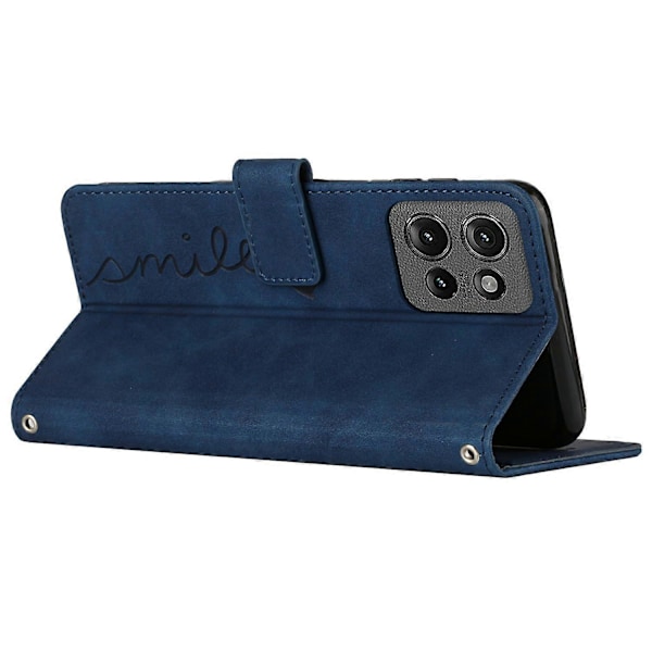 Til Motorola Moto G 5G (2025) Etui Visningsstativ PU Læder Telefon Cover Præget Hjerte Mønster Multicolor Sapphire