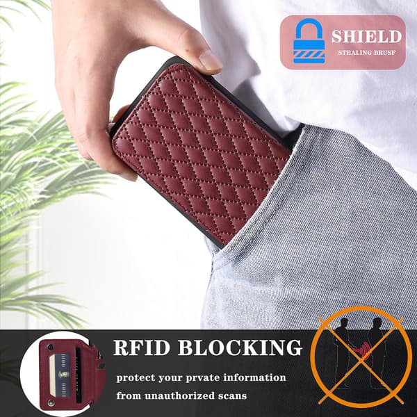 For iPhone 15 Plus RFID-blokkerende støtsikkert deksel Anti-fall PU+TPU telefondeksel med stropper Wine Red