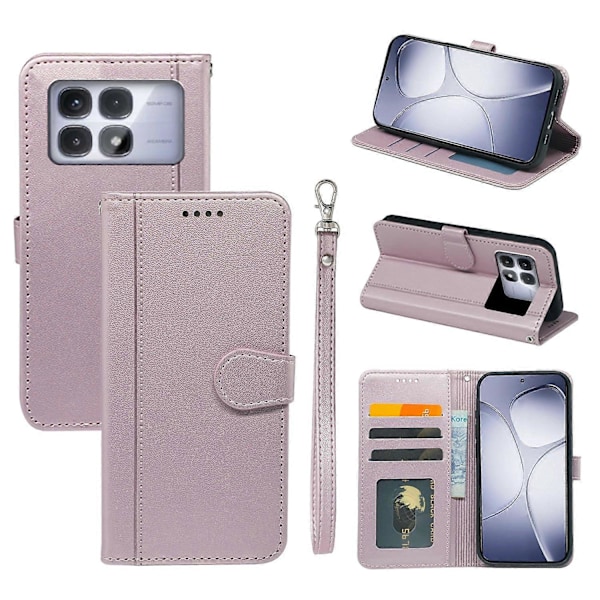Xiaomi Redmi K70 Ultra Lompakkokotelo Magneettikiinnityksellä Nahkainen Puhelinkotelo Hihnalla - Vihreä Multicolor Rose Gold