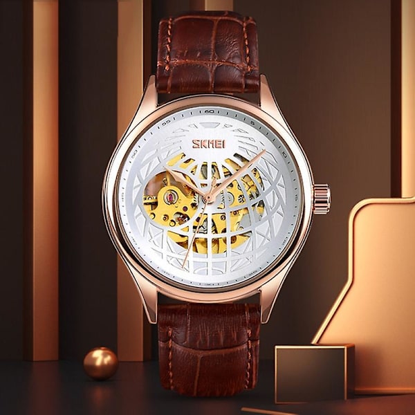 Skmei 9209 Men Business Automatisk Mekanisk Watch Rund Hollow Dial Läder Watchband Watch Golden Silver