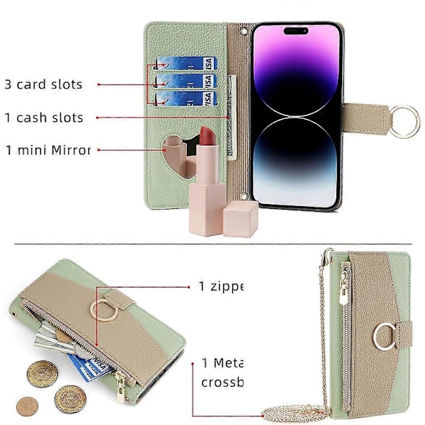 För iPhone 15 Pro PU Läder Ringhållare Telefonfodral Plånboksställ Fullt Skydd Skal med Sminkspegel Multicolor Style A