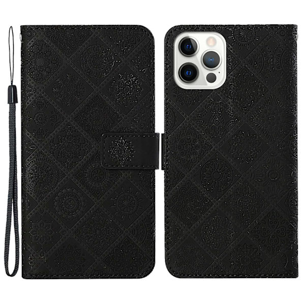 Læder Wallet Case til iPhone 15 Pro, Præget Blomster Folio Flip Stand Telefon Cover Black