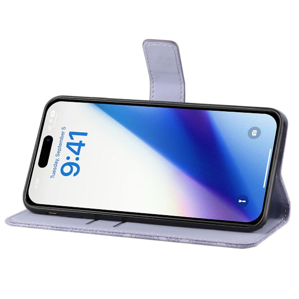 Læder Wallet Case til iPhone 15 Pro, Præget Blomster Folio Flip Stand Telefon Cover Purple