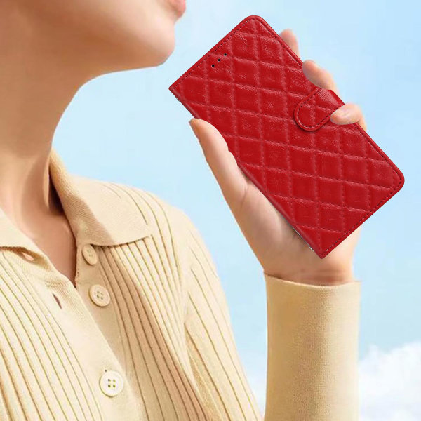 Rhombus Stitching Line Shell För Iphone 15, läderfodral Case Cover Red