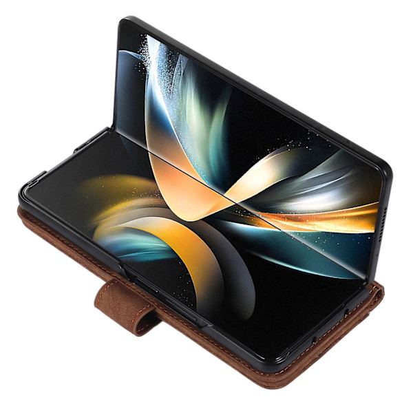 Samsung Galaxy Z Fold5 5G PU-nahka+PC Lompakkokotelo Jalustalla, Pehmeä Suojakuori Brown