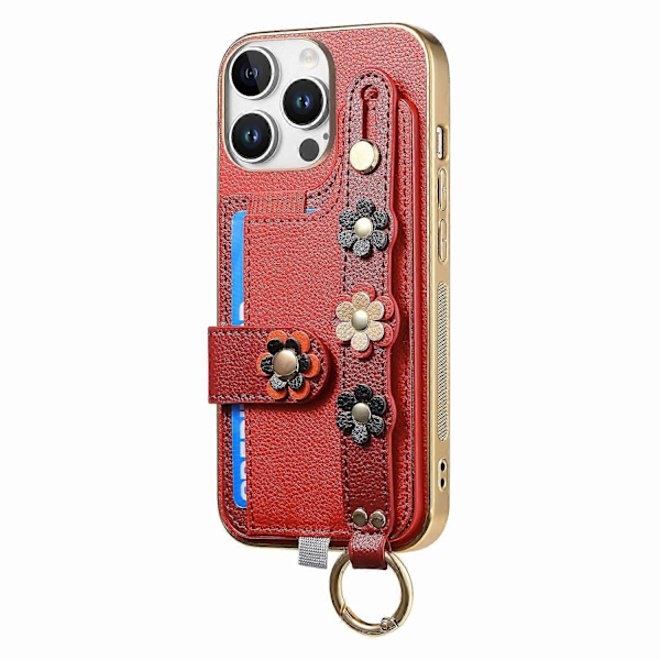 W2 Til iPhone 16 Pro Max Cover med Kortholder Læder Bagside 3D Blomster Armbånd - Grøn Multicolor Red