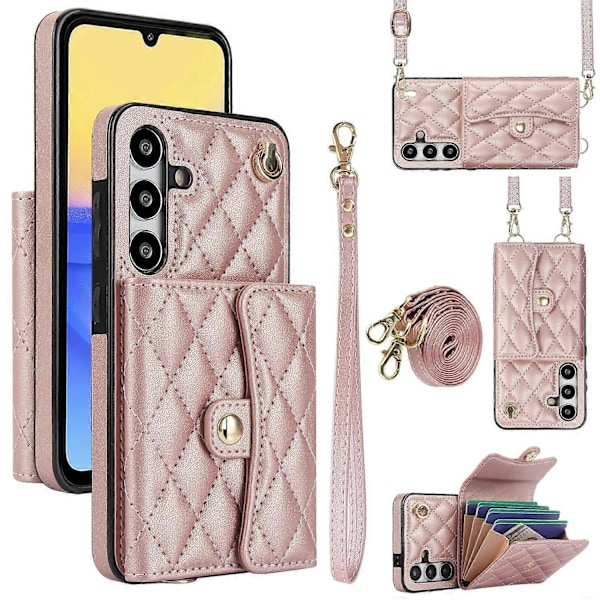026 Kortetui med Støttefod i Læder+TPU til Samsung Galaxy A15 4G/5G med 2 Stropper Multicolor Rose Gold