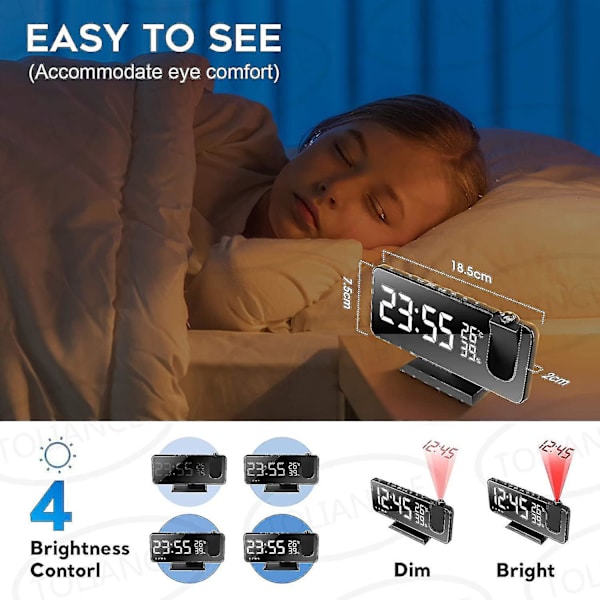 Projektions Vækkeur, Digitalt LED Vækkeur Med 180 Graders Rotationsprojektor, 4 Projektionslysstyrker Med Automatisk Dæmper Snooze Dobbelt Alarm