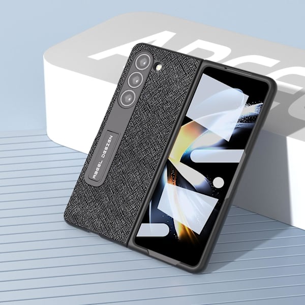 För Samsung Galaxy Z Fold5 5g Kickstand Vikbart phone case Cross Texture Kohud Läder+PC cover Black