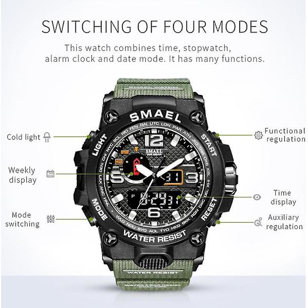 Smael Herre Sportsur 50m Vandtæt Stødsikkert Ur Alarm Dual Display Lysende Quartz Armbåndsur Army Green