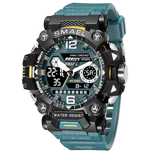 Smael Herrklockor 50m Vattentät Watch Military Man Watch Digital 8072 Dual Display Watch Quartz Led Digital BLUEGREEN