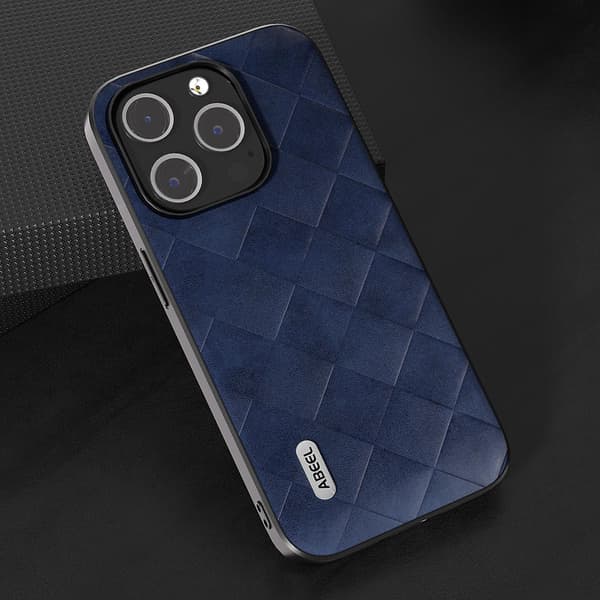 För Iphone 15 Pro Pu Läderbelagd Pc+tpu Phone case Grid Texture Drop-proof Cover Blue