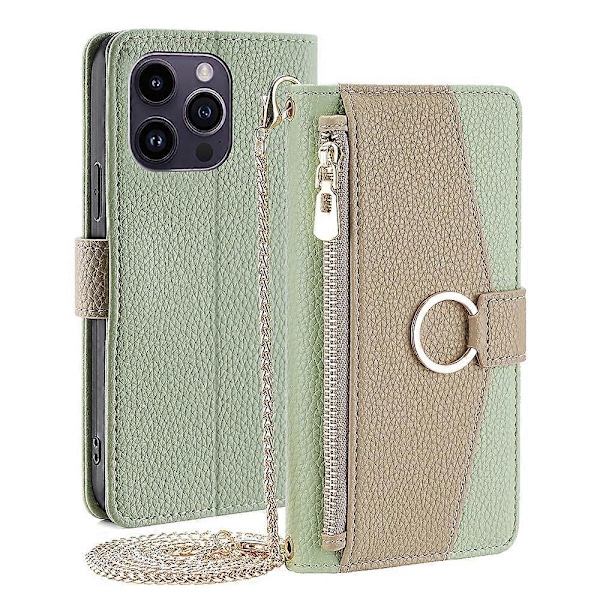 För iPhone 15 Pro PU Läder Ringhållare Telefonfodral Plånboksställ Fullt Skydd Skal med Sminkspegel Multicolor Style A