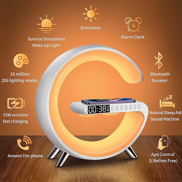 Smart Sound Machine Wake Up Light Väckarklockor Smart Bordslampa Kontroll Med App, 15W Snabb Trådlös Laddare Med Bluetooth Audio Väckarklocka För Vuxna