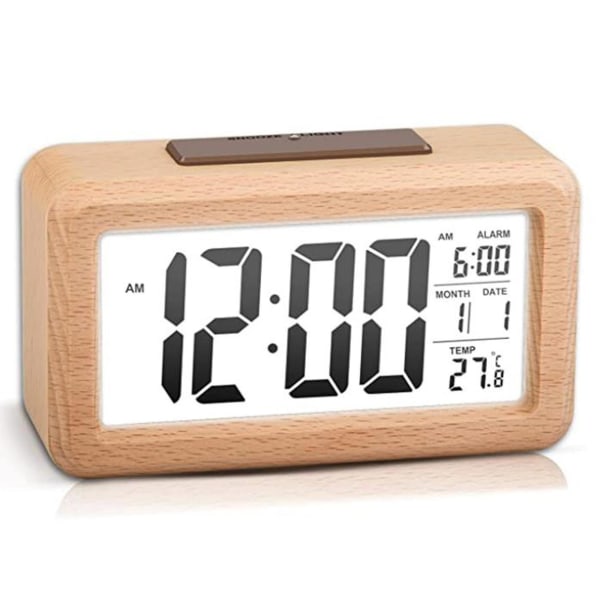 Digitalt LCD Vækkeur i Træ med Smart Sensor Natlys, Snooze, Dato, Temperatur og 12/24 timers skift Solid Wood Color