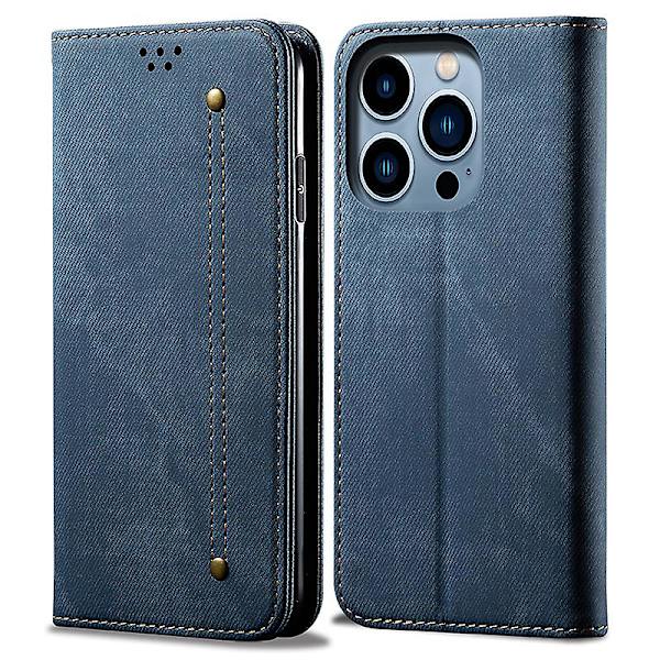 För Iphone 15 Pro Pu Läder Phone case Jeans Tyg Texture Plånboksställ anti-scratch Cover Blue