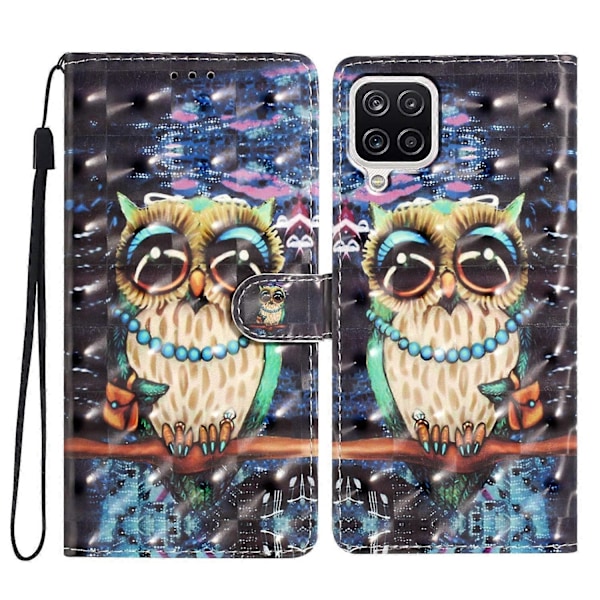 Samsung Galaxy A12 -kotelo, lompakkomallinen PU-nahkainen 3D-kuvioitu puhelinkotelo hihnalla Multicolor Style F
