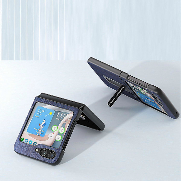 Til Samsung Galaxy Z Flip5 5G Trætekstur Bagside PU Læder+PC Støtteben Telefon Cover Multicolor Style B