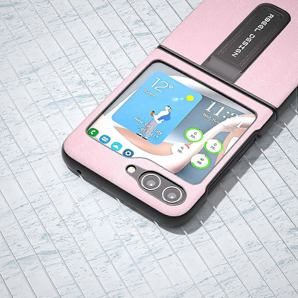 För Samsung Galaxy Z Flip5 5G Mobilskal med Kohudstruktur PU Läderbelagd PC Ställ Multicolor Style C