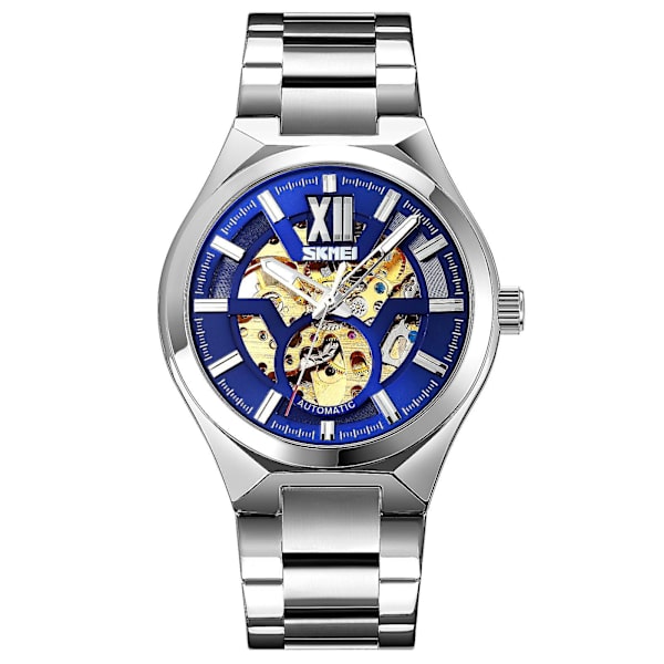 Skmei 9258 Män Automatisk Mekanisk Watch Silver Shell Blue Surface