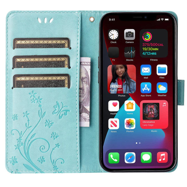 För Iphone 15 Plus Pu Läder Cover Phone case Imprinted Butterflies Shell Stand with rem Baby Blue