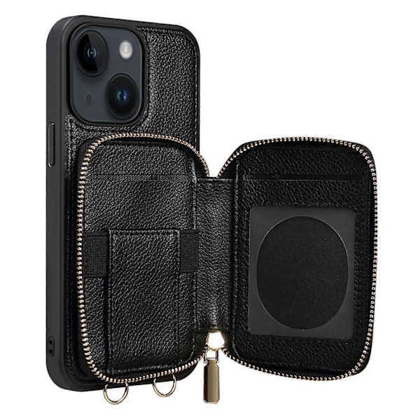 För iPhone 15 Plus Ställ Zipper Plånbok Baksida PU Läder+TPU Mobilskal med Kedjerem Multicolor Style C