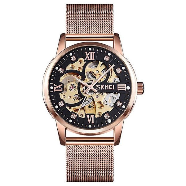 Skmei 9199 Herre Automatisk Mekanisk Ur Mesh Bælte Gear Skelet Ur Rose Gold