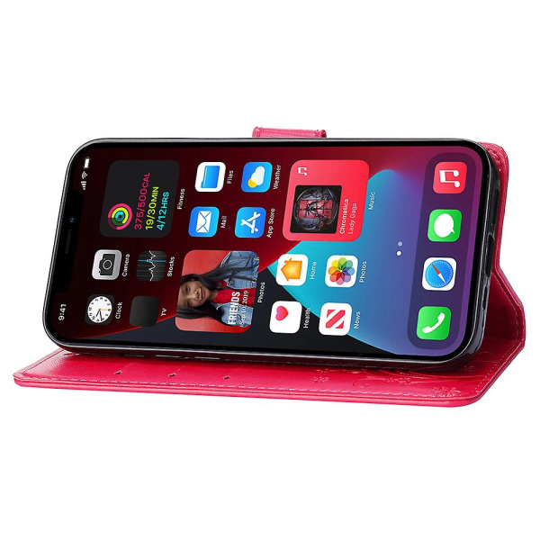 För Iphone 15 Plus Pu Läder Cover Phone case Imprinted Butterflies Shell Stand with rem Red