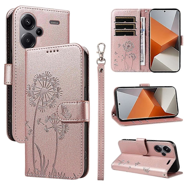 För Xiaomi Redmi Note 13 Pro+ 5G Läderfodral Plånbok Mobilskal Maskrosavtryck - Grön Multicolor Rose Gold
