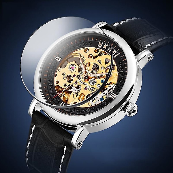 Skmei 9229 Automatic Hollow Mechanical Watch Silver Shell Blue Face