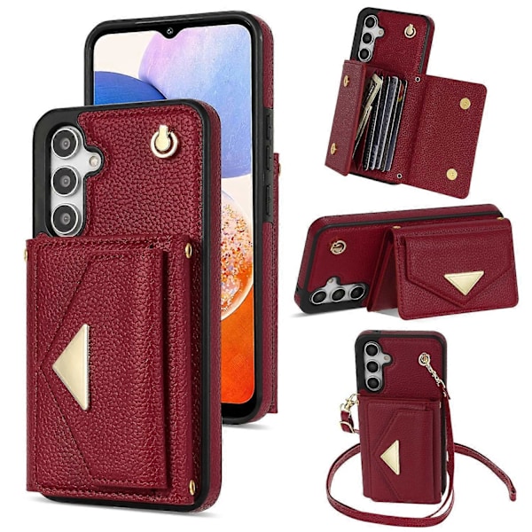 Samsung Galaxy A14 5G/A14 4G -kotelo, korttipidike, jalusta, PU-nahka+TPU-suojus olkahihnalla Multicolor Style C