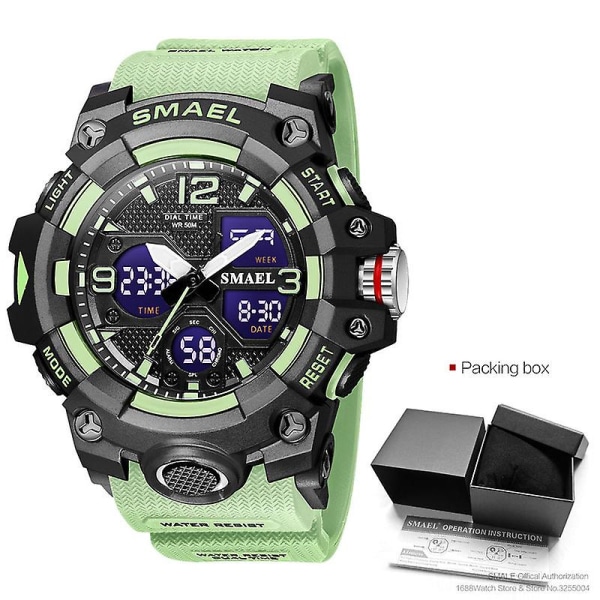 Smael Herr Sport Digitala klockor Dual Time Quartz Armbandsur Orange Chronograph Vattentät Watch Relogio Reloj Green-Box