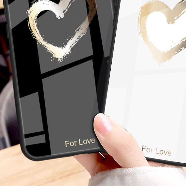 IPhone 15 Plus -puhelimen kuvioitu takakuori karkaistusta lasista + PC + TPU -hybridikuori For Love Black