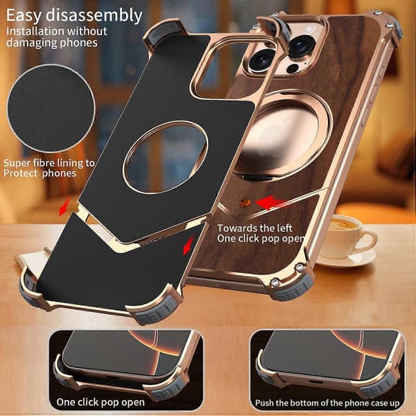 Tredeksel til iPhone 16 Pro Max, metallramme, bakdeksel med støtte Multicolor Light Brown