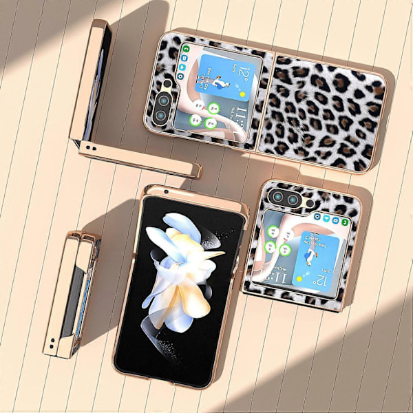 For Samsung Galaxy Z Flip5 5G Leopardmønster Telefondeksel PU Lær+PC Elektroplettert Deksel Multicolor Style C