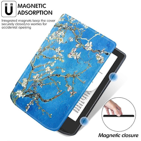 Læderetui til PocketBook Verse Pro E-læsercover med automatisk dvale/vækning - tid til at rejse Multicolor Plum Blossom