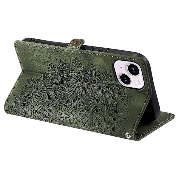 Stil 016 Skinnfodral för iPhone 14 med Totemtryck och Plånbok - Svart Multicolor Blackish Green