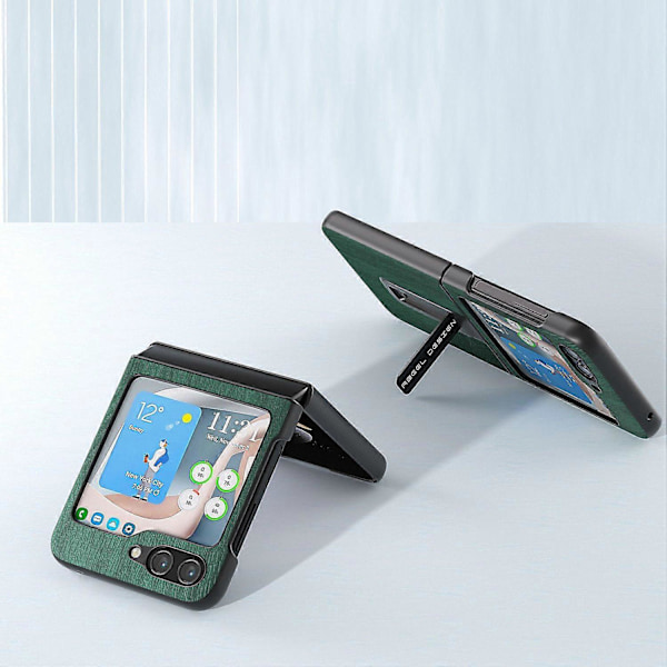 Til Samsung Galaxy Z Flip5 5G Trætekstur Bagside PU Læder+PC Støtteben Telefon Cover Multicolor Style C
