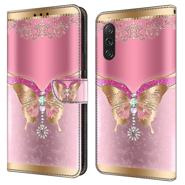 För Sony Xperia 10 V skyddande case 3d-mönsterutskrift Pu- cover med stativ Pink   Gold Butterfly