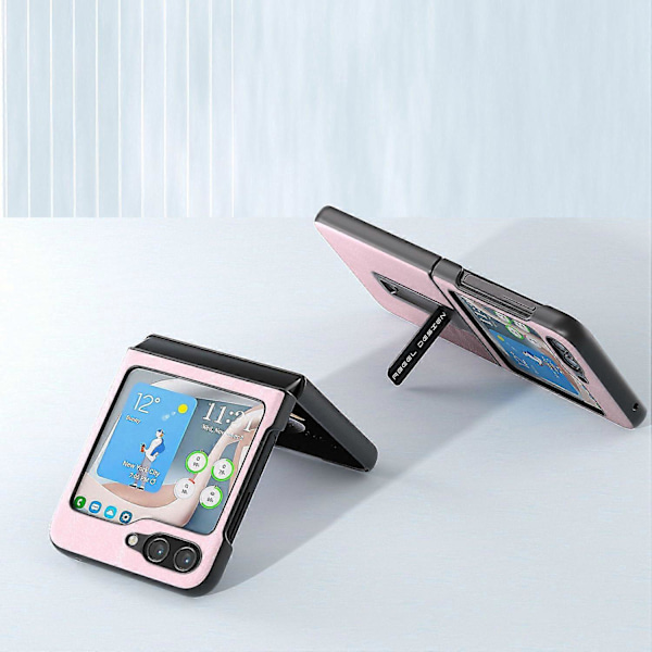 För Samsung Galaxy Z Flip5 5G Mobilskal med Kohudstruktur PU Läderbelagd PC Ställ Multicolor Style C