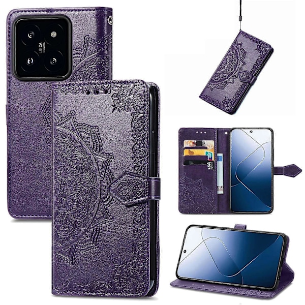 Til Xiaomi 14T Pro Etui Mandala Præget Design Læder Wallet Telefon Cover - Grå Multicolor Purple
