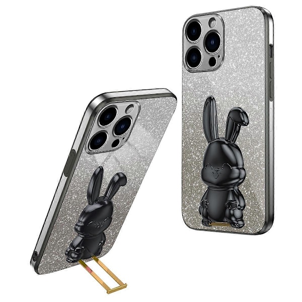 För iPhone 16 Pro Skal Elektropläterad Glitter Kanin PC+TPU Telefonfodral med Ställ - Multicolor Black