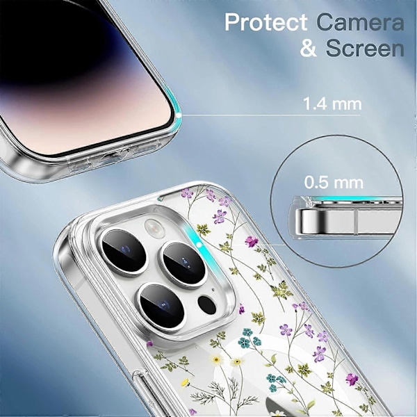 iPhone 16 Pro Kuori Kukkasarja TPU+PC Puhelinkuori Yhteensopiva MagSafe-Läpinäkyvä