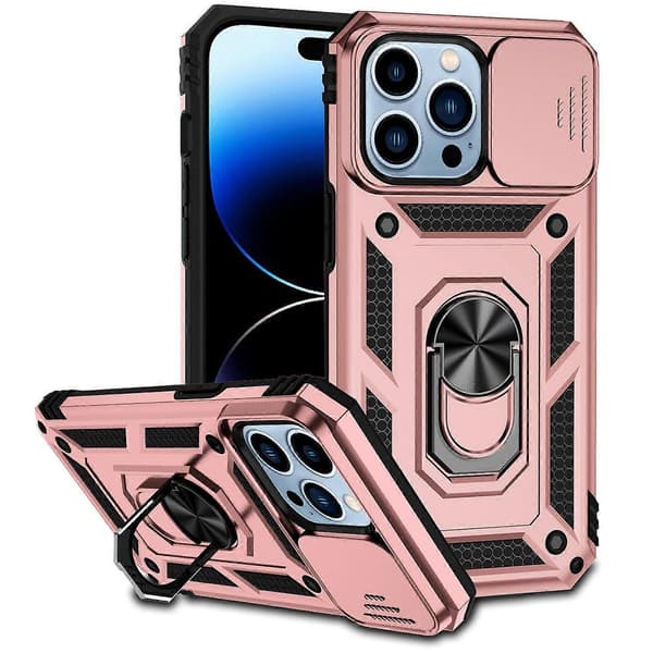 For iPhone 14 Pro Deksel PC+TPU Ring Stativ Telefondeksel med Skyvbart Kamerabeskyttelse Multicolor Style E