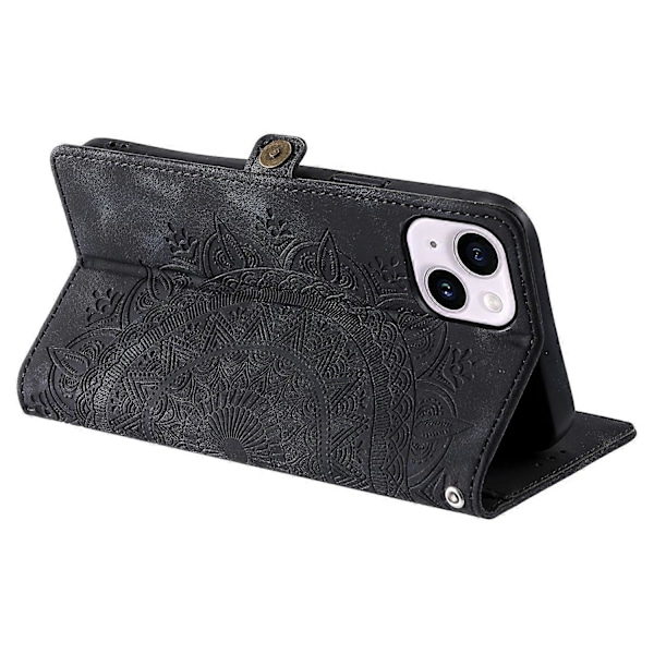 Stil 016 Skinnfodral för iPhone 14 med Totemtryck och Plånboksfunktion - Multicolor Black