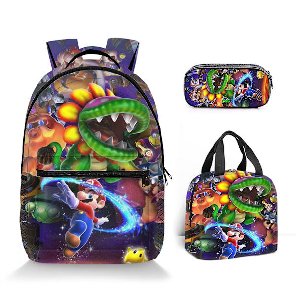 Super Mario Printed Ryggsäck Student Polyester Tecknad Barn Ryggsäck Tredelad Set Style 10