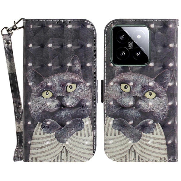 För Xiaomi 14 Fodral 3D Mönster Läder Anti-repa Telefonplånboksfodral Multicolor Embracing Cat