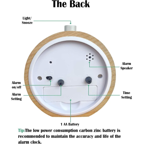 4 tums analog väckarklocka i trä Batteridriven tickar inte med snooze-knapp, nattljus, mild väckning Round Nature