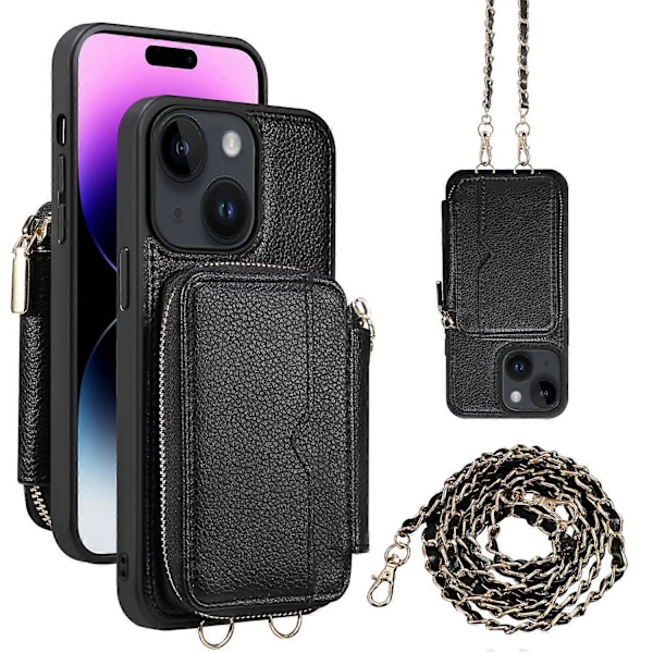 För iPhone 15 Plus Ställ Zipper Plånbok Baksida PU Läder+TPU Mobilskal med Kedjerem Multicolor Style C
